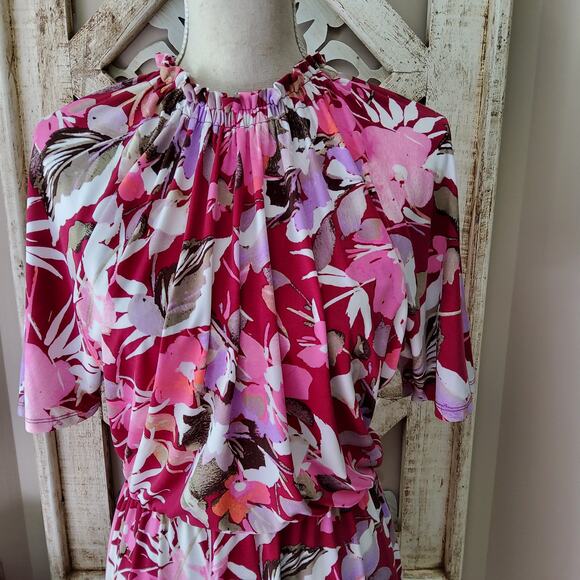 Maggy London Women's Flutter Sleeve Ruffle High Neck Blouson A-Line Midi Dress - Picture 5 of 15